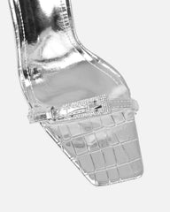 Kienna Silver Croc Effect Diamante Buckle Heeled Sandals