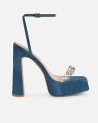 Immogen Clear Blue Denim Effect Diamante Platform Heels