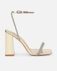 Kinsey Gold Mirror Diamante Block Heeled Sandals