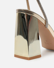 Kinsey Gold Mirror Diamante Block Heeled Sandals