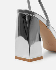 Kinsey Silver Mirror Diamante Block Heeled Sandals
