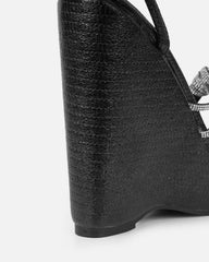 Jayne Black Faux Snake Diamante Wedge Sandals