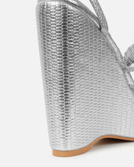 Jayne Silver Faux Snake Diamante Wedge Sandals