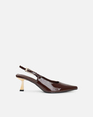 June chocolate brown patent low sling back court shoes