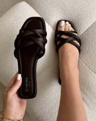 Kina Black Satin Padded Slip On Flat Sandals