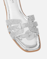 Jorji Silver Mirror Diamante Slip On Flat Sandals
