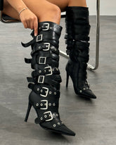 Lucian Black Strappy Buckle Stiletto Boots