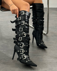 Lucian Black Strappy Buckle Stiletto Boots