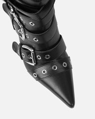 Lucian Black Strappy Buckle Stiletto Boots