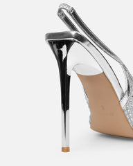 Lailla Silver Mesh Diamante Sling Back Court Shoes