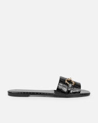 Lavinia Black Croc Snaffle Trim Flat Sandals