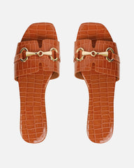 Lavinia Tan Croc Snaffle Trim Flat Sandals