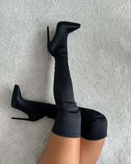 Lewie Black Stretch Satin Pointed Toe Stiletto Thigh High Boots