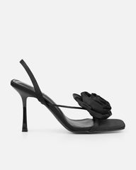 Quartz Black Satin Corsage Flower Heeled Sandals