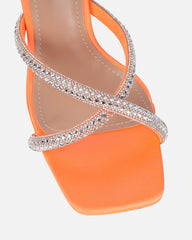 Aubriella Orange Satin Diamante Mule Heeled Sandals