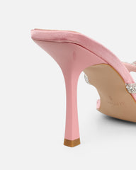 Aubriella Pink Satin Diamante Mule Heeled Sandals