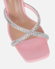Aubriella Pink Satin Diamante Mule Heeled Sandals