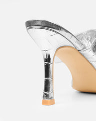 Magdalena Silver Faux Croc Print Heeled sandals