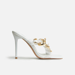 Saige Clear White Asymmetric Chain High Heel Mules
