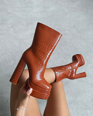 Martha Tan Faux Croc Double Platform Block Heel Ankle Boots