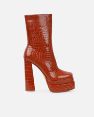 Martha Tan Faux Croc Double Platform Block Heel Ankle Boots