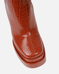 Martha Tan Faux Croc Double Platform Block Heel Ankle Boots
