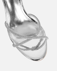 Meesha Silver Mirror Diamante Mid Heel Sandals