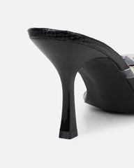 Marcella black snake effect flower detail mid heeled sandals