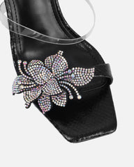 Marcella black snake effect flower detail mid heeled sandals