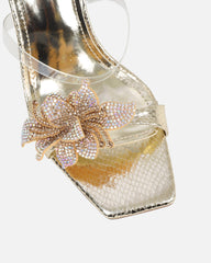 Marcella gold snake effect flower detail mid heeled sandals