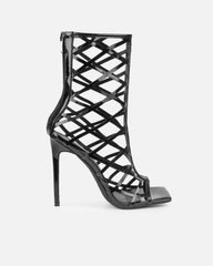 Elsie Black Patent Laser Cut Heeled Sandals
