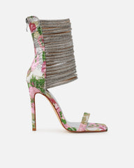 Gracie Pink Floral Jacquard Diamante Heeled Sandals
