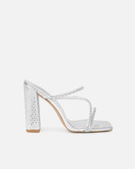 Kaana Silver Snake Effect Diamante Block Heel Sandals