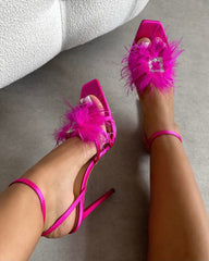 Amabel Hot Pink Satin Fluffy Diamante Heels