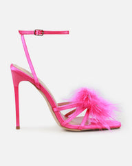 Amabel Hot Pink Satin Fluffy Diamante Heels