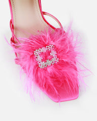 Amabel Hot Pink Satin Fluffy Diamante Heels