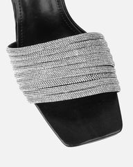 Paisley Black Diamante Strappy Mid Heel Mules