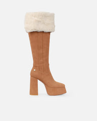 Caiden Tan Platform Knee Boots With Faux Fur Turnover