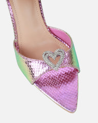 Phoeniz Pink And Green Iridescent Snake Heart Diamante Mules