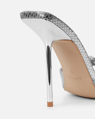 Phoeniz Silver Metallic Snake Heart Diamante Mules