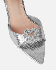 Phoeniz Silver Metallic Snake Heart Diamante Mules