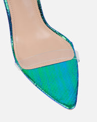 Perla Clear Green Iridescent Faux Snake Scrappy Stiletto Heels