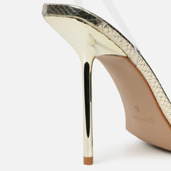 Shelli Gold Snake Effect Shell Trimmed Heeled Sandals