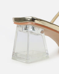 Paytoni Gold Mirror Clear Block Heel Diamante Mules