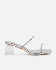 Paytoni Silver Mirror Clear Block Heel Diamante Mules