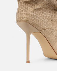 Rami Beige Woven Effect Ruched Stiletto Knee High Boots