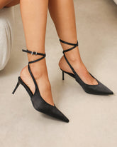 Sonika Black Satin Strappy Slingback Court Shoes