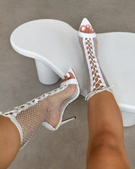 Prima White Diamante Mesh Lace Up Heeled Sandals