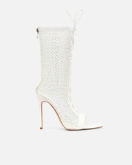 Prima White Diamante Mesh Lace Up Heeled Sandals
