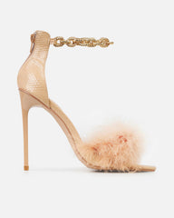 Saphire Nude Faux Snake Fluffy Heeled Sandals With Chains
